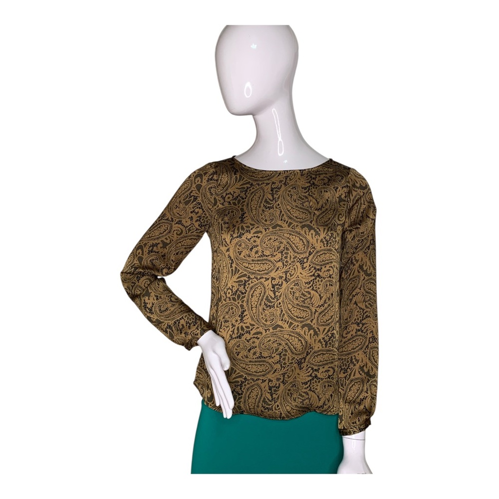 Ann Taylor Petite Paisley Lace Print Long Sleeve Pullover Top Brown Black XSP